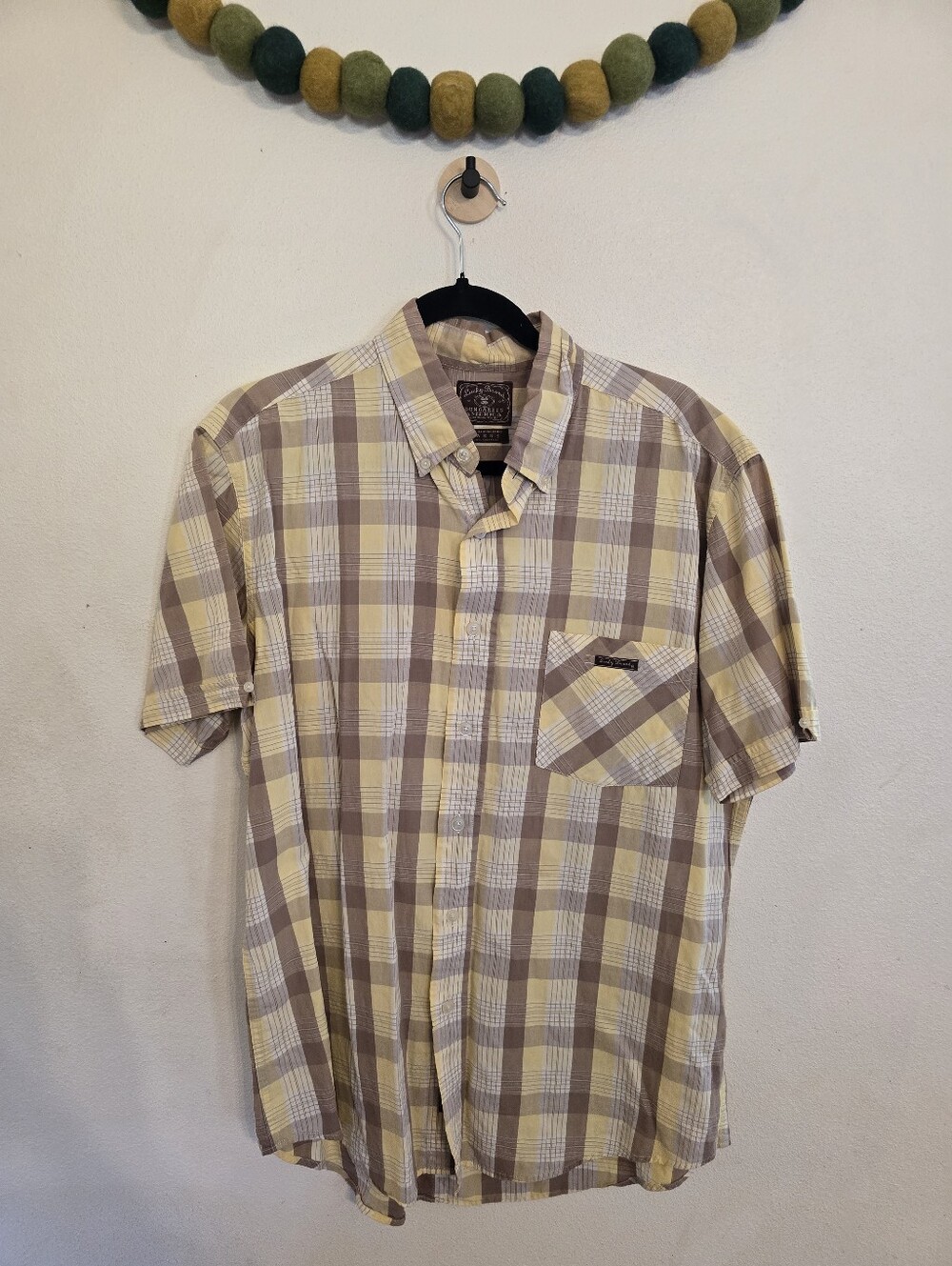 Lucky Brand Shirt Mens L Yellow Tan Plaid Dungarees Button Up Short Sleeve